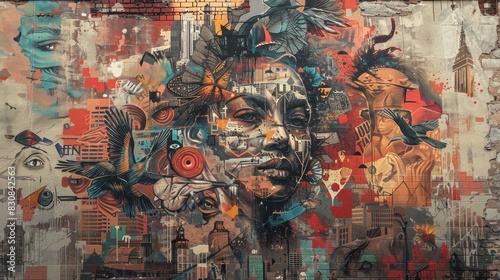 Large mural showcasing a mix of street art styles and historical elements, focus on, cultural expression, ethereal, Multilayer, city wall backdrop