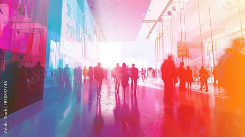 Abstract image of people walking through a large  brightly lit  colorful modern indoor space with many light reflections and shadows.