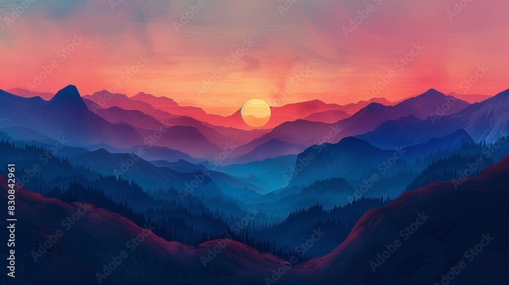 Sunset Over Mountain Range. A breathtaking sunset over a majestic mountain range, with the sun setting on the horizon, sky transitioning from blue to hues of orange and pink