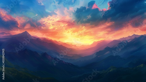 Sunset Over Mountain Range. A breathtaking sunset over a majestic mountain range, with the sun setting on the horizon, sky transitioning from blue to hues of orange and pink © Nuni-K