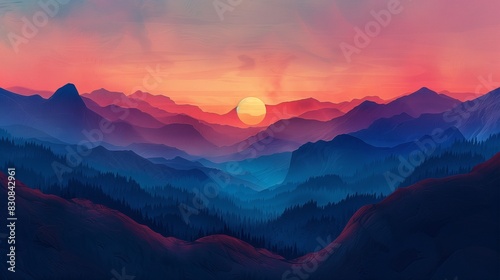 Sunset Over Mountain Range. A breathtaking sunset over a majestic mountain range, with the sun setting on the horizon, sky transitioning from blue to hues of orange and pink photo