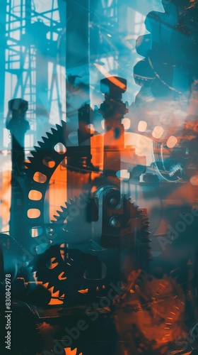 Abstract industrial background featuring gears and machinery in deep blue and orange tones  showcasing engineering and mechanical elements.