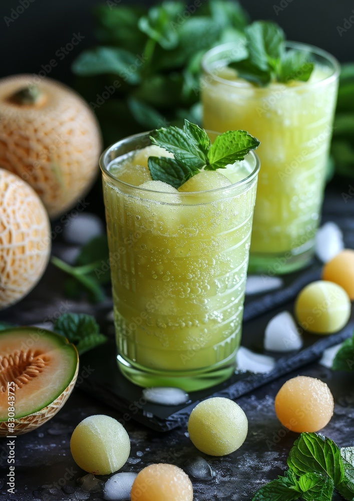 Melon Mint Smoothie - Pale green with melon balls and mint. Melon Mint Smoothie - Pale green with melon balls and mint.