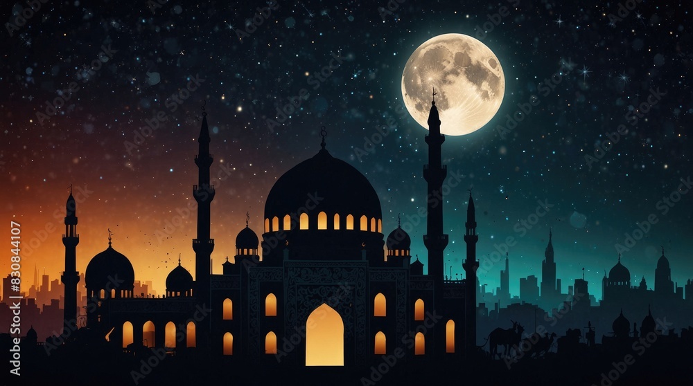 Crescent Moon Illuminating Middle Eastern Architecture