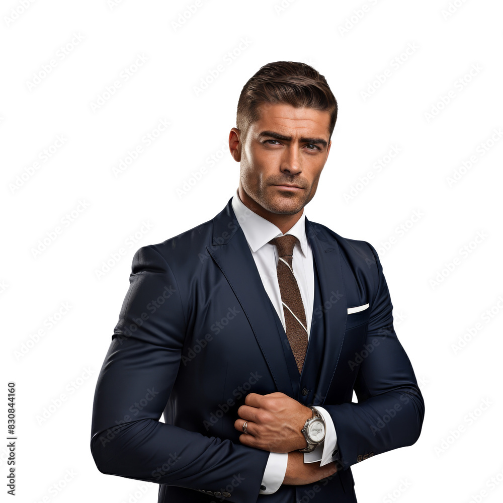 Confident businessman in a sleek suit with arms crossed, exuding professionalism and determination against a dark, isolated on transparent background. Confident businessman in a sleek suit with arms crossed, exuding professionalism and determination against a dark, isolated on transparent background.