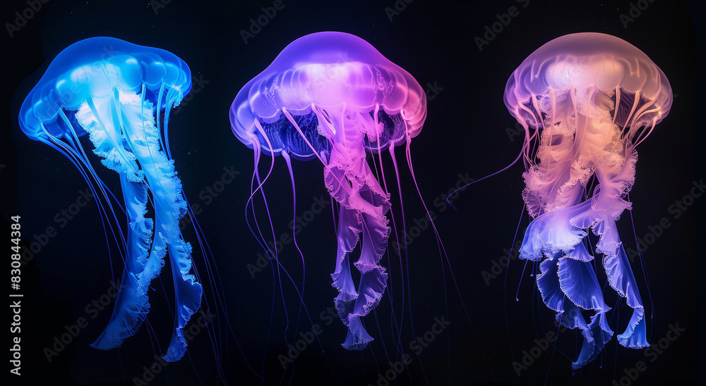 Neon Glowing Jellyfish on Dark Background Neon Glowing Jellyfish on Dark Background