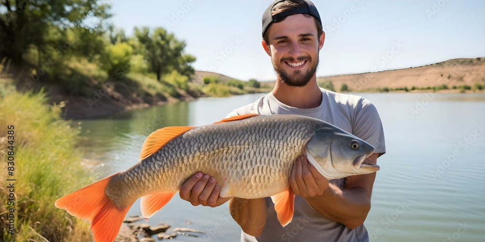 Smiling fisherman proudly holding large fish by the lake. Concept Fishing, Outdoors, Lake, Happy, Big Catch Smiling fisherman proudly holding large fish by the lake. Concept Fishing, Outdoors, Lake, Happy, Big Catch