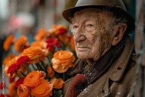 Elderly gentleman holding bouquet of flowers