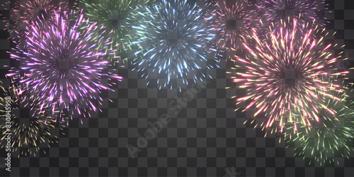 Festive fireworks with brightly shining sparks. New Year's Eve fireworks. Realistic sparks and explosions. Colorful pyrotechnics show. Vector isolated on png background.