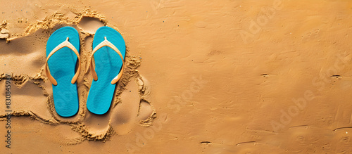A summer-themed composition with flip flops placed on a sandy surface, leaving room for any desired text in the copyspace. The image evokes a sense of relaxation and vacation,...
