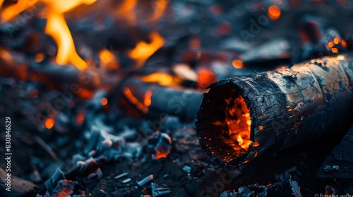 A close up of a fire with a piece of wood that is partially burned