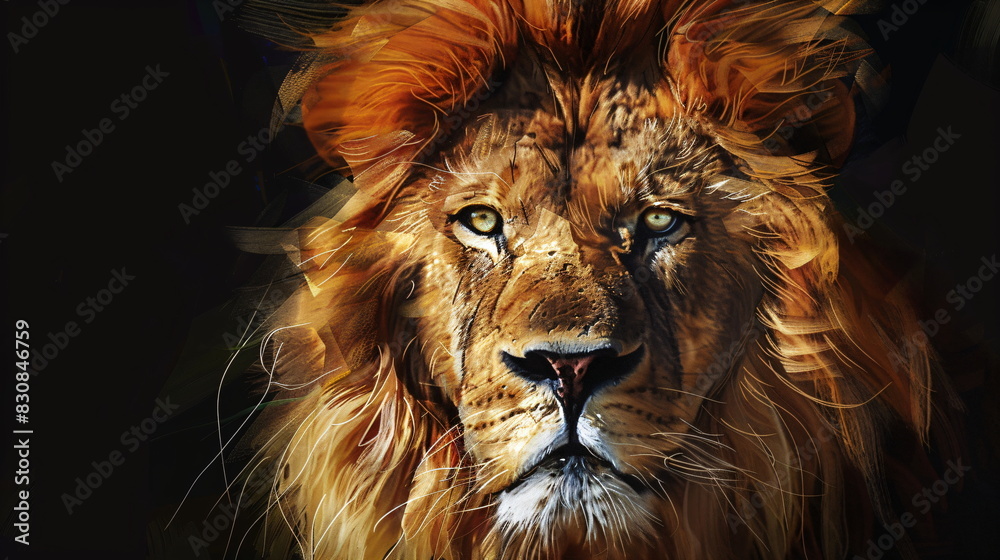 Naklejka premium Portrait of lion on a black background with copy space