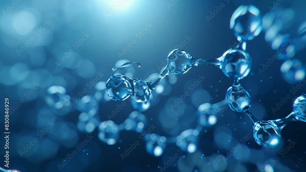 Abstract 3D water molecule drop DNA structure model in medical science . Connected water molecules on a blue background Abstract 3D water molecule drop DNA structure model in medical science . Connected water molecules on a blue background
