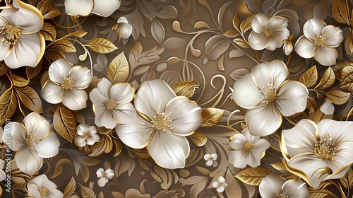 A vintage-inspired floral design featuring delicate white and gold flowers on an ornate brown background, combining antique elegance with modern luxury.