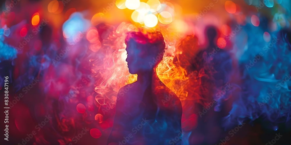 Blurred figure surrounded by colorful aura in a crowd depicting meditation and esoteric energy. Concept Meditation, Esoteric Energy, Blurred Figure, Colorful Aura, Crowd