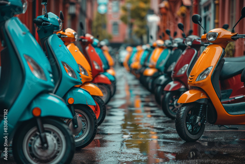 Row of parked mopeds on wet city street photo