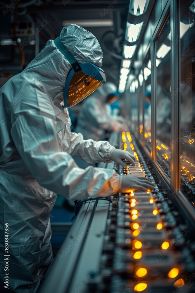 Factory worker in protective gear working on conveyor belt Factory worker in protective gear working on conveyor belt