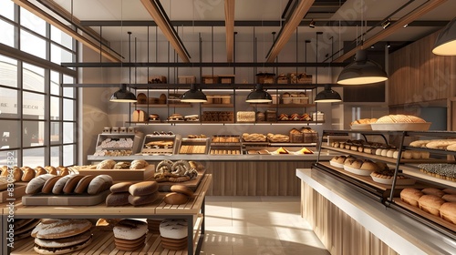 Modern Bakery Cafe Interior with Assorted Breads and Desserts on Display 