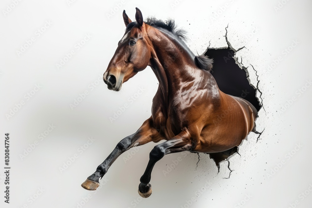 horse jumping throught white wall hole horse jumping throught white wall hole