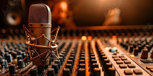 Studio microphone with audio mixer in recording studio blurred musician background. Concept Audio Mixing, Recording Studio, Studio Microphone, Blurred Background, Musician photo