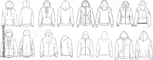 Hoodie jacket design flat sketch Illustration, outerwear and workout in winter, Hooded sweater jacket with front and back view cad drawing template