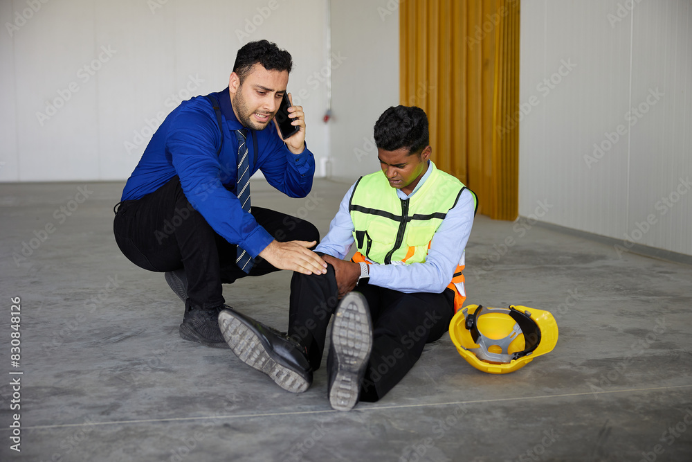 worker fall down on the floor with hurting knee and businessman helping him in the factory worker fall down on the floor with hurting knee and businessman helping him in the factory