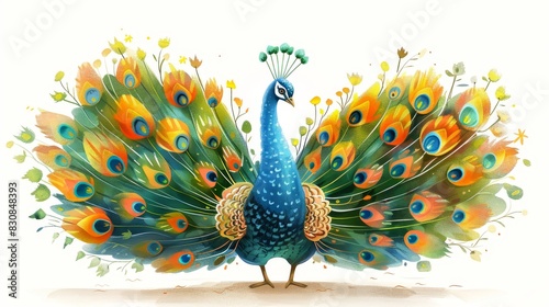 A watercolor painting of a peacock with its tail feathers spread out in a colorful display.