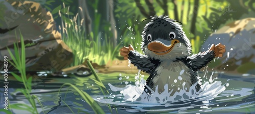 Cute baby platypus playing in the water photo