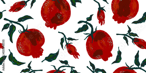Pomegranates with leaves. Texture fruits. Plant organic pattern. Cartoon style. Hand drawn elements. Vector seamless overlapping pattern.