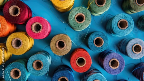 Colorful sewing spools arranged separately on a blue backdrop