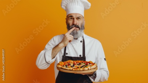The chef holding pizza photo