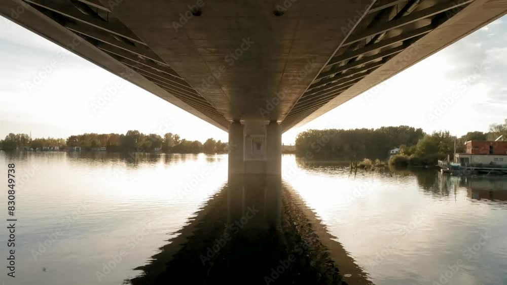 Drone captures a tranquil European river, showing the underside of a bridge. Autumn trees line the riverbanks, with reflections of the bridge and foliage in the calm water. LuPa Creative. Drone captures a tranquil European river, showing the underside of a bridge. Autumn trees line the riverbanks, with reflections of the bridge and foliage in the calm water. LuPa Creative.