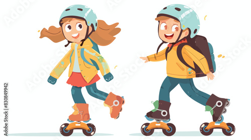 Children on roller skates. Funny characters rollerbla