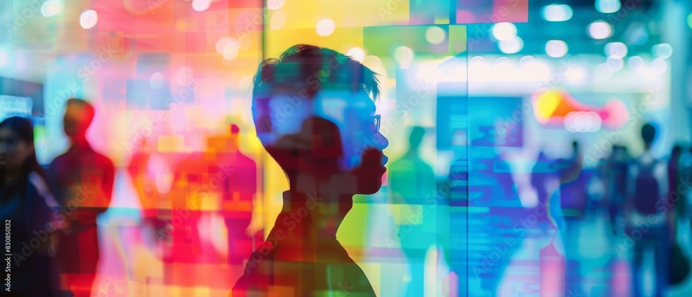 Silhouette of a person against a vibrant, colorful background with abstract digital effects, creating a modern and futuristic feel.