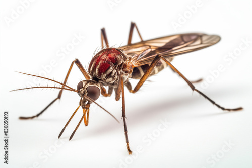 entire mosquito body. A comprehensive model of a macro camera. macro lens with 100mm focal length. Light of day. isolated against a white backdrop. scientific images