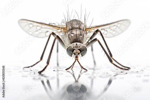 entire mosquito body. A comprehensive model of a macro camera. macro lens with 100mm focal length. Light of day. isolated against a white backdrop. scientific images