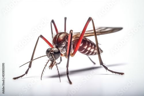 entire mosquito body. A comprehensive model of a macro camera. macro lens with 100mm focal length. Light of day. isolated against a white backdrop. scientific images