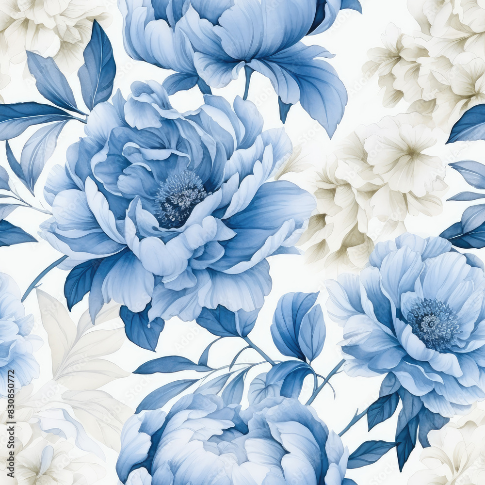 Blue Floral Peony Pattern Background.