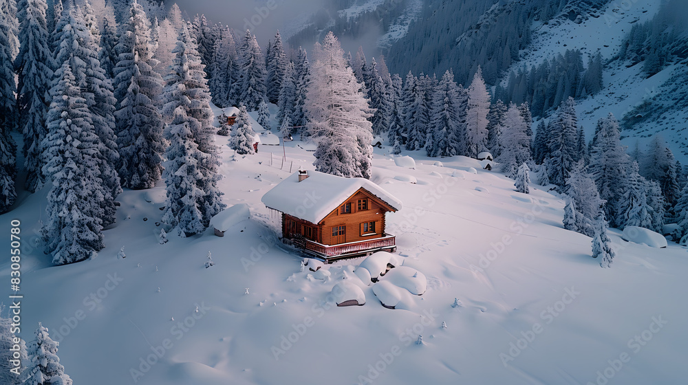 A photo featuring a remote Alpine cabin buried in snow, captured from a drone. Highlighting the isolation and tranquility of the winter landscape, while surrounded by a forest of snow-laden pine tree