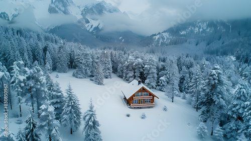 A photo featuring a remote Alpine cabin buried in snow, captured from a drone. Highlighting the isolation and tranquility of the winter landscape, while surrounded by a forest of snow-laden pine tree