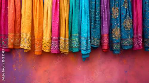 Colorful saris displayed on a wall.