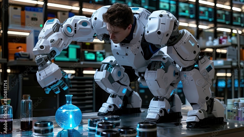 a sophisticated robot seamlessly assists scientists in conducting experiments, using precise measurements and expertly mixing chemicals for analysis with unparalleled accuracy. a sophisticated robot seamlessly assists scientists in conducting experiments, using precise measurements and expertly mixing chemicals for analysis with unparalleled accuracy.