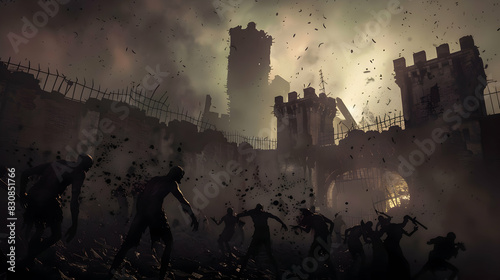 A dynamic action shot of a zombie attack on a fortified outpost at dawn, with the interplay of light and shadow highlighting the chaos, desperation, and intensity of the battle scene. photo