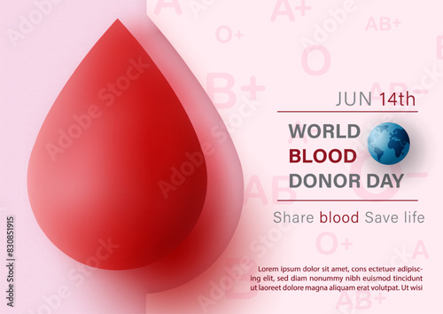 Giant blood droplet with wording of event, example texts on blood group type pattern and pink background. Poster's campaign of world blood donor day in vector design.