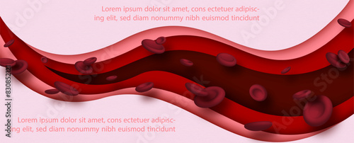 Red blood cells in 3d style with abstract layers shape in paper cut style, example texts on red background.
