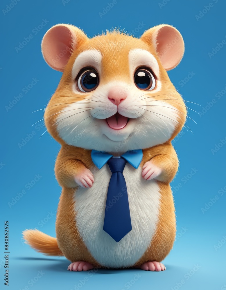 Adorable hamster standing upright, wearing a blue tie and smiling. The background is solid blue, emphasizing the cute and professional look of the hamster, perfect for fun and whimsical themes.
