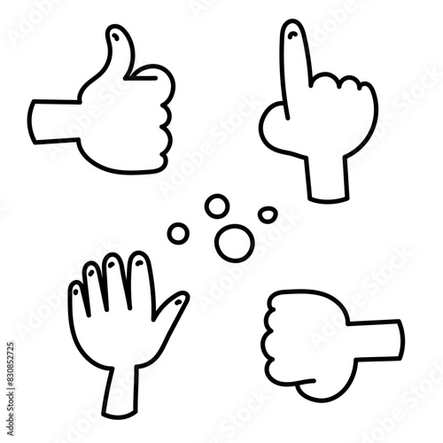 Black and white outline set of doodle style illustrations consisting of hand gestures: palm, fist, like and index finger on white background