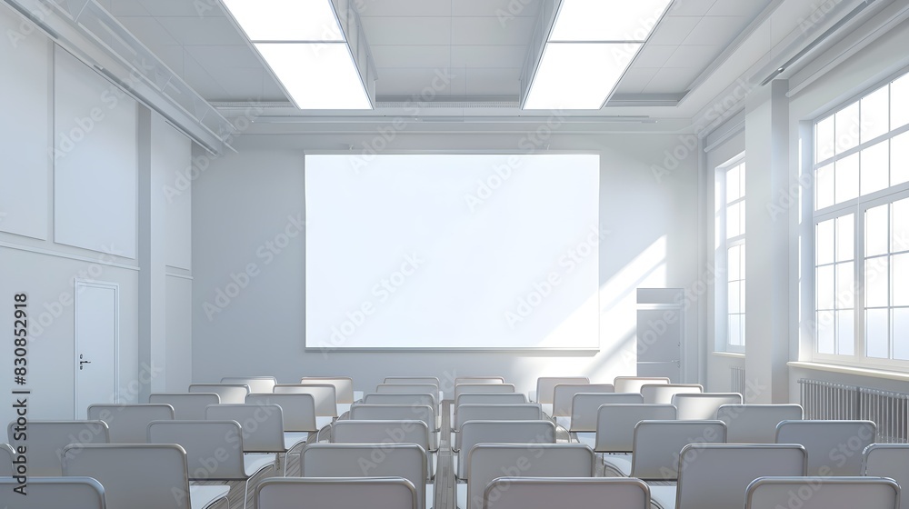 Fototapeta premium Classroom Interior with Large Blank White Screen for Educational Presentations