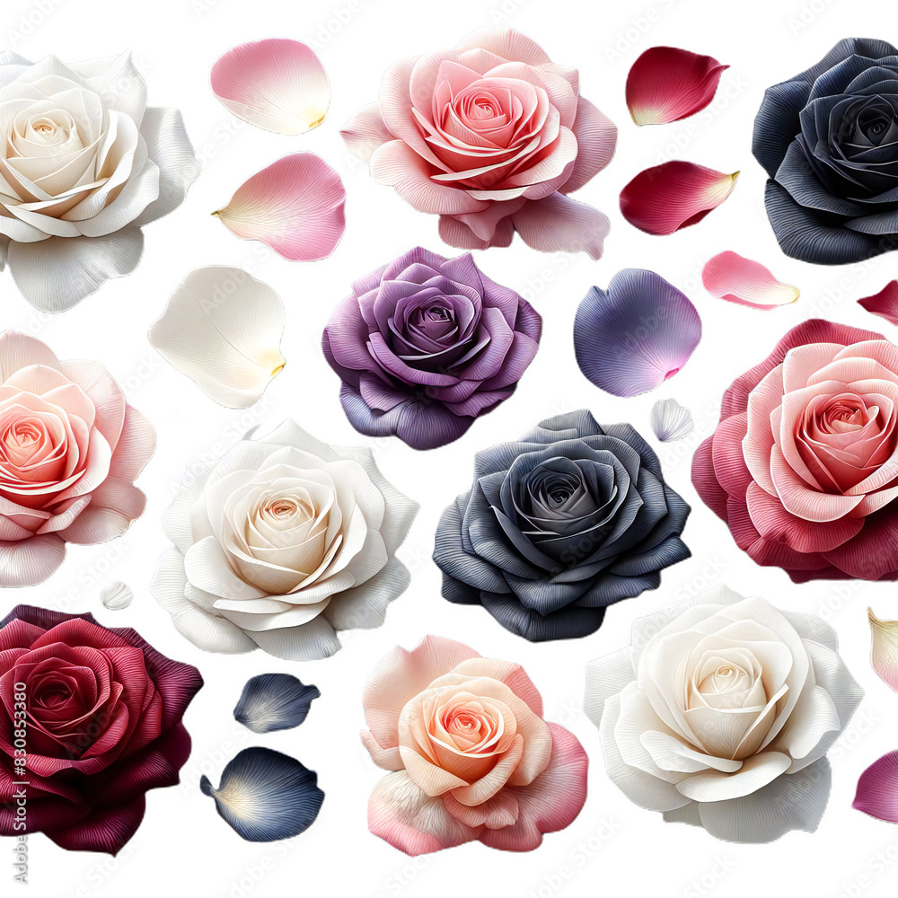 Multi-colored rose petals in white, red, purple, pink, and black isolated on a clear background. Multi-colored rose petals in white, red, purple, pink, and black isolated on a clear background.