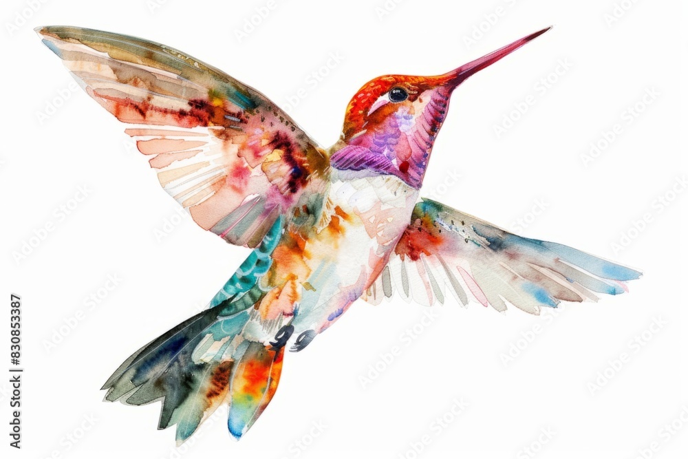 Fototapeta premium Vibrant Watercolor Hummingbird Illustration - Colorful Bird Art in Flight for Nature and Wildlife Lovers